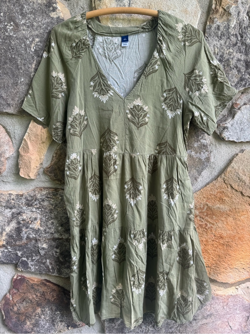 Old Navy Olive Green Floral Paisley Tiered Mini Dress Small Tall Boho Neutral